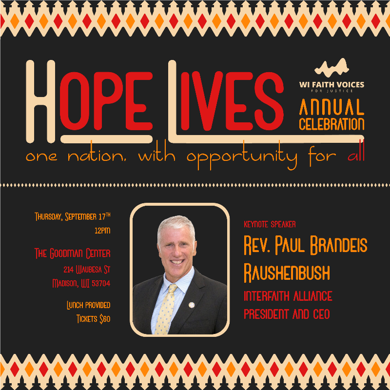 Hope Lives event poster for Wisconsin Faith Voices for Justice